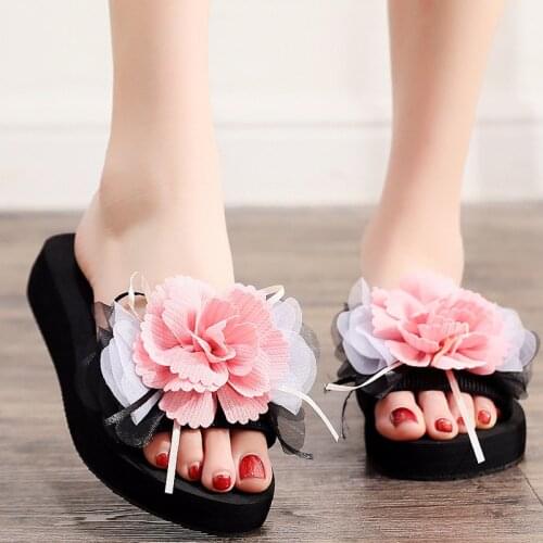 3-6cm High Heel Womens New Bow Flat Drag Flat Wedge Beach Shoes Handmade Slippers Womens Large Size Non-slip Shoes Slipper