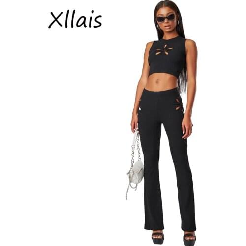 XLLAIS Hollow Out 2 Pieces Set Womens Outfits Black Crop Top And Pants Sets Casual Fitness Club Tracksuit Fall 2021 Fashion