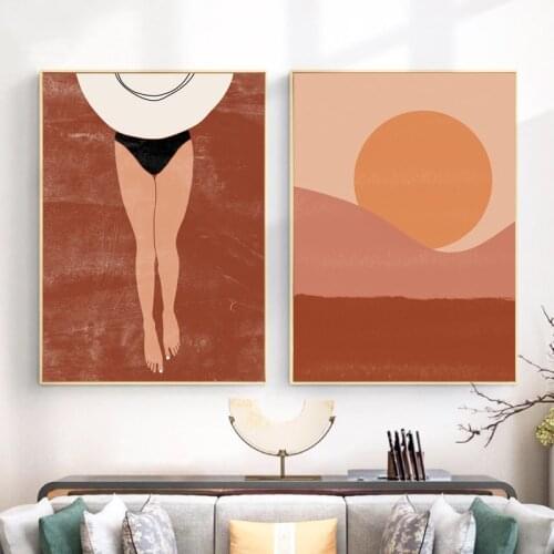 Sunset Landscape Beach Swimsuit Lady Boho Art Print Terracotta Burnt Orange Nordic Poster Wall Art Canvas Painting Bedroom Decor