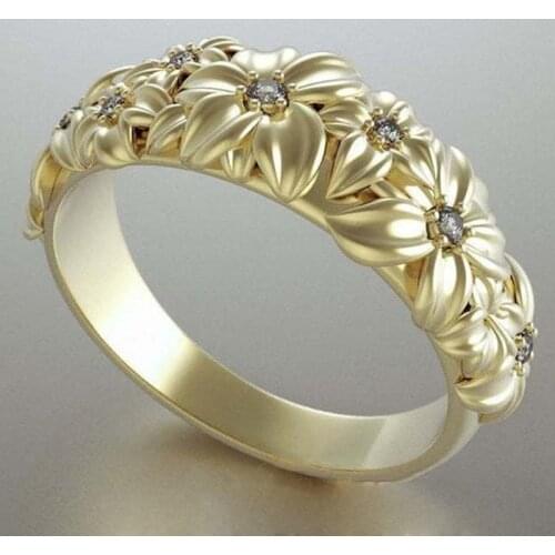 Exquisite Fashion Gold Zircon Ring Engraved Flower Ring for Women Wedding Band Anniversary Birthday Party Jewelry Gifts