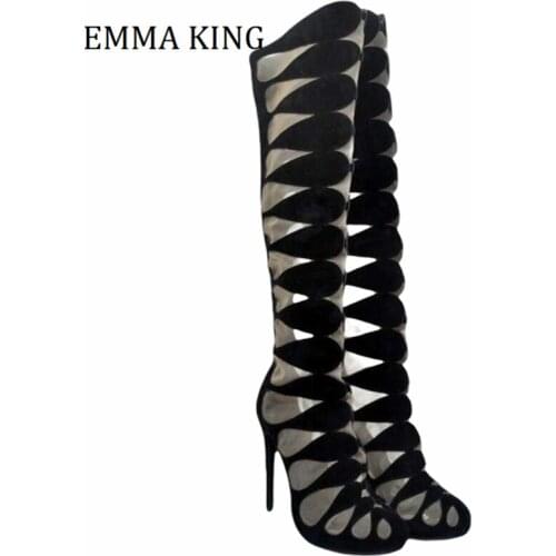 2021 Summer Women Cut Out Gladiator Sandals Boots Sexy Stiletto Heels Suede Knee High Booties Back Zip Women Night Club Shoes