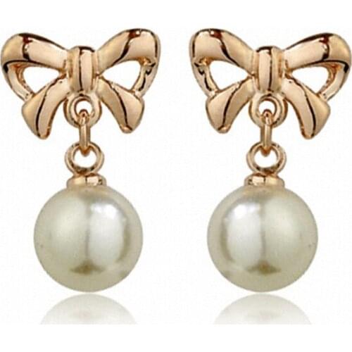 TRACYSWING Hot Sale Rose Gold Color Fashion Butterfly Bowknot Pearl Stud Earrings for Women Valentine Gift 120628r