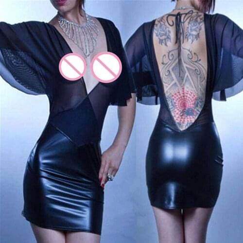 Women Sexy Black Wet Look Leather Mesh Backless Hollow Out Skinny High Waist Mini Dress Perspective Night Club Dress