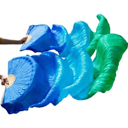 2018 High selling 100% Real Silk Veils 1 Pair handmade women Quality Silk Belly Dance Fan Dance royal blue+turquoise+ green