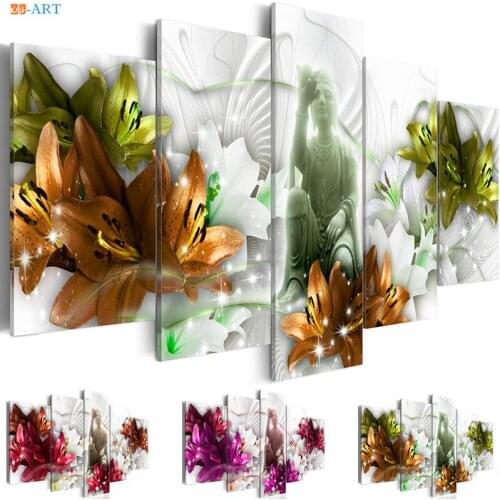 Buddha Statue Art Print Blossom Flowers Poster Canvas Art 5 Panel Canvas Painting Wall Art Pictures for Living Room Decorative
