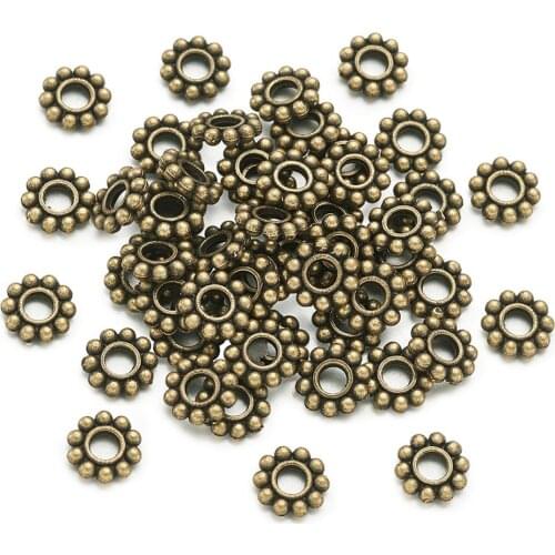 50PCS Tibetan Style Alloy Bead Spacers, Flower, Antique Bronze, 6.5x1.5mm, Hole: 2mm