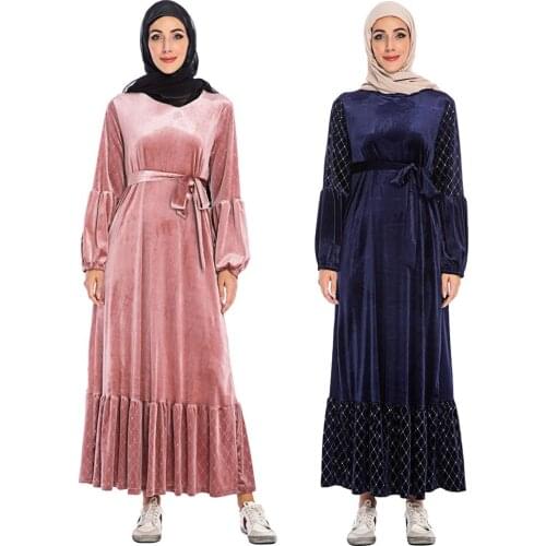 Velvet Abaya Thick Long Sleeve Dress Muslim Women Maxi Party Gown Islamic Kaftan Arab Patchwork Robe Autumn Winter Dress Fashion