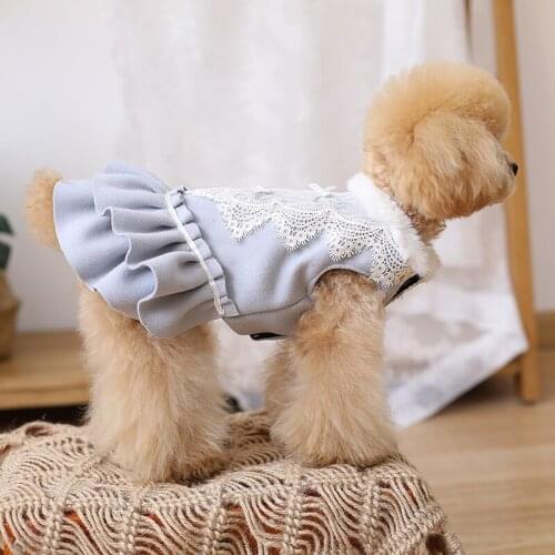 Free Shipping Handmade Dog Clothes Blue Grey Woolen Coat Dress Fur Collar Lining Quilted Winter Pet Outfit Maltese Yorkie Poodle