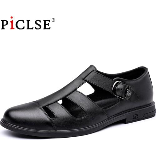 Italian style Summer Business Dress sandals Men Genuine leather sandals Handmade Leather shoes Men Sandalias Big Size 46