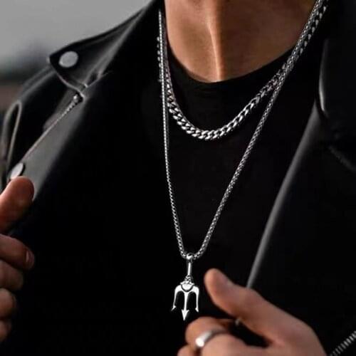 Mens Pendant Necklaces Stainless Steel Simple Long Chain Trident Pendant Necklace For Women Men Punk Statement Couples Jewelry
