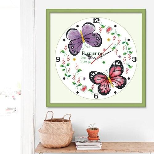 Printed canvas cross stitch clock with two flying butterflies send the movement Unfinished kits for household hand-worked sewing