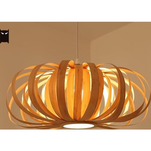 Wood Pumpkin Pendant Light Fixture Nordic Scandinavian Asian Rustic Country Style Hanging Ceiling Lamp Lustre Dining Table Room
