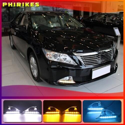 2Pcs DRL For Toyota Camry 2012 2013 2014 Daytime Running Lights fog lamp cover with yellow turn signal daylight