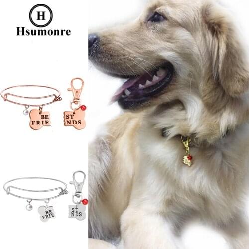 Best Friend Dog Bangle lKeychain Set Engraved Bone Tag Pet Tag Collar Dog-Human Jewelry Dog Lover Gift Stainless Steel Red Bell
