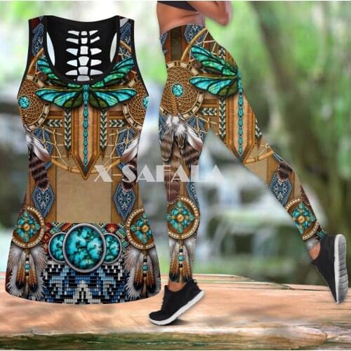Native Indian Dragonfly Art Two Piece Yoga Set Women 3D Print Hollow Out Tank Top High Waist Legging Summer Casual Sport-1