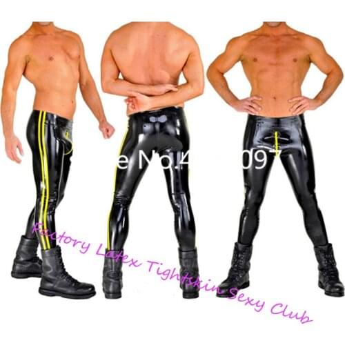 Nature Latex Tight Trousers High Quatilty Latex Rubber Front zipper Leggings Long Panties Black Pants with Yellow Trim For Men