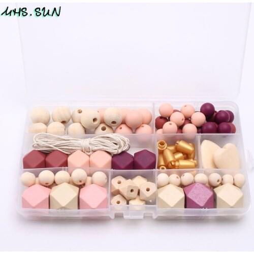 MHS.SUN Silicone Wood Beads DIY Set Baby Chewable Teether Nursing Necklace Handmade Accessoories Loose Beads Kits Set