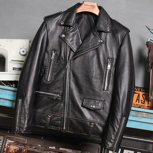 2021 Black Korea Style Genuine Leather Jacket Men Diagonal Zipper Plus Size 4XL Real Sheepskin Summer Slim Fit Motorcycle Coat