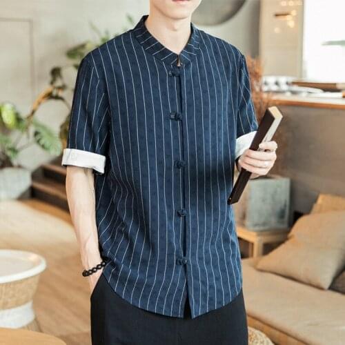 Mens Tradictional Chinese Top Striped Linen Half Sleeve Chinese Style T Shirt Tai Chi Kung Fu Uniform Wu Tang Clan Tops CN-182