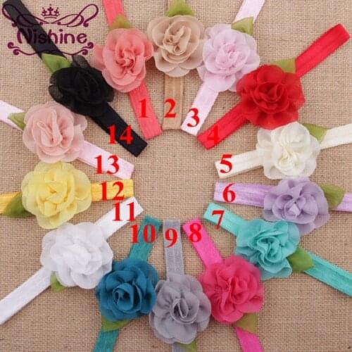 Nishine 14pcs/lot Girls Floral Headbands With Leaves Elastic Chiffon Rose Flower Hair Bands Children Kids Hair Accessories