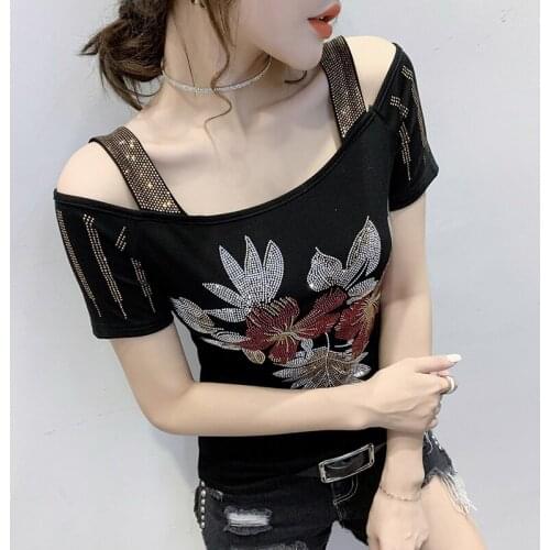 2021 New Summer Fashion European Clothes T-shirt Sexy Off Shoulder Diamonds Mesh Women Tops All Match Tees