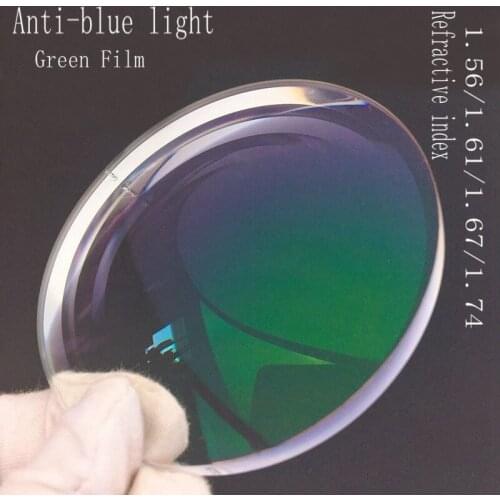 Anti Blue Light Green film Transparent Prescription Lens 75cm 1.56 1.61 1.67 1.74 refractive Myopia Hyperopia Thin HMC Lenses