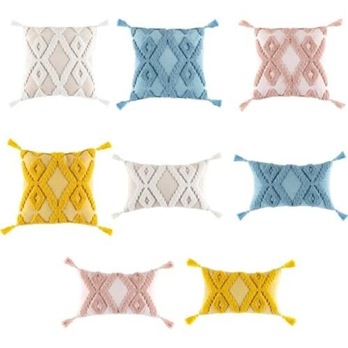 Q9QF Boho Tufted Diamond Print Cushion Pillow Cover Handmade Throw Pillow Covers Home Decor Backrest Cushion Case Pillowcase