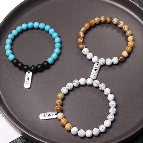 Mixed Natural Stones Two-color Beads Metal LOVE Charm Fashion Bracelet Turquoises Picture Stone Couple Lover Attractive Bracelet
