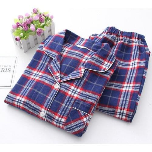 Spring Autumn Women Casual Plaid Pajama sets Female Thicken Cotton Sleepwear suit Women long slee Turn-down collar shirt & Pants