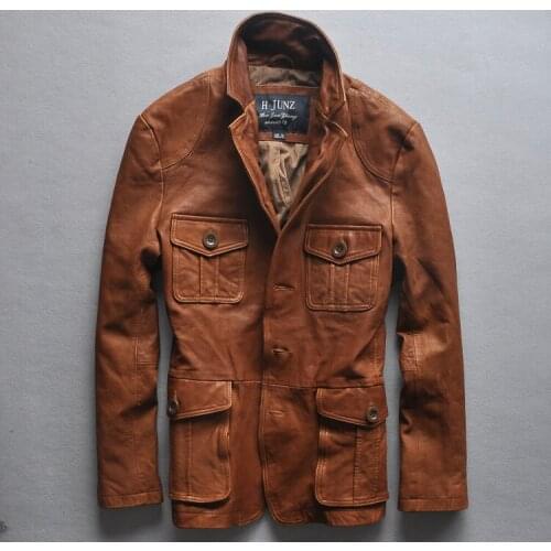 Slim fit italy Vintage jacket four pockets suit high quality leather coat men brown M-XXL