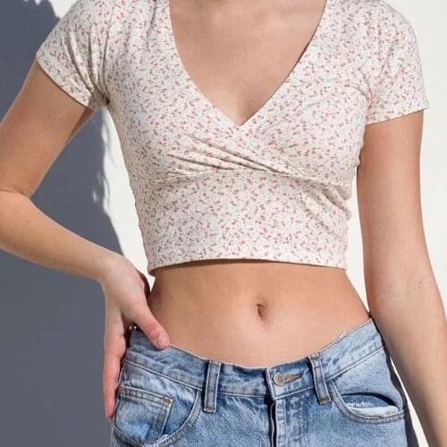 Women Floral Print T Shirt Womens Crossover V-neck Short Sleeved Crop Tops Ladies Clothing Cotton Blend Top Tees Female Clothes