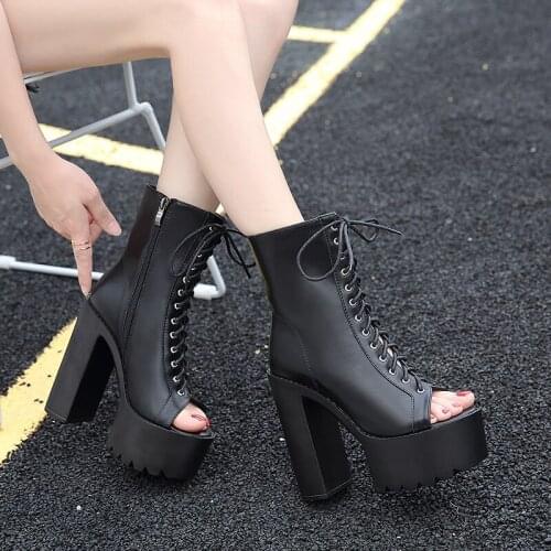 Women lace up boots Peep Toe Ankle Boots Autumn Ladies Platform Thick High Heels Female Leopard Fashion Shoes New LJB167