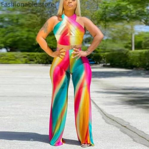 Women Color Block Halter Bandeau Top and High Waist Wide Leg Pants 2pcs Set Plus Size