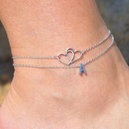 A-Z initial double-layer love stainless steel anklet personalized heart-shaped anklet beach jewelry exquisite foot jewelry