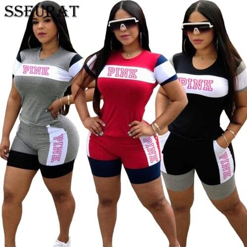 SSEURAT Women Sport Pink Patchwork Two Piece Set T-shirt Tops Shorts Jogger Sweatpants Suit Tracksuit Matching Set Outfits