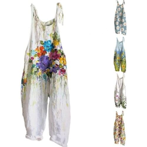 Women Strap Loose Jumpsuit Summer Casual Wide Leg Pants Flower Print Dungaree Overalls Sleeveless Oversized Cotton Jumpsuits