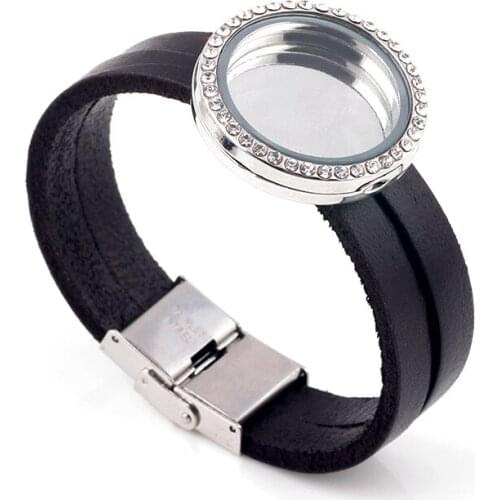 10pcs/lot New Fashion Black Leather Bracelet DIY 30mm Silver Memory Locket Bracelet with Rhinestone For Women XF43