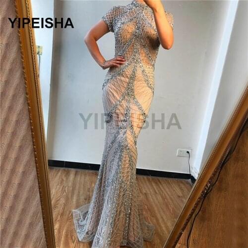 2021 Llittery High Neck Short Sleeve Mermaid Evening Dresses Crystal Beading Sequined Prom Party Gown robe de soirée de mariage