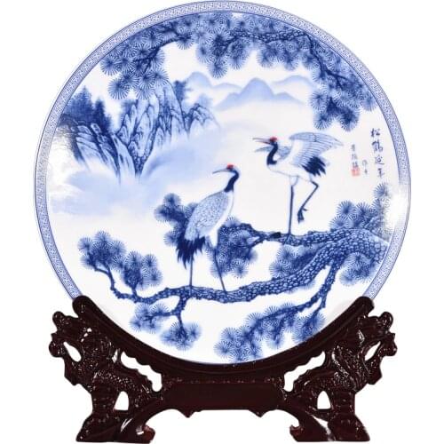 Longevity Crane And Plate Ceramic Ornamental Plate Chinese Decoration Plate Wood Base Porcelain Plate Set Wedding Gift