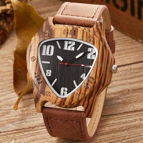 Triangle Wood Watch Men Natural Bamboo Wooden Watches Male Brown Leather Wrist Watches REAL Wood Clock Black Dial Clock Reloj