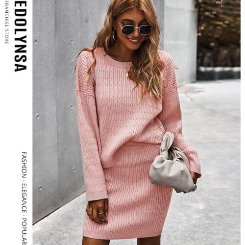 Elegant Solid Color Two-piece women knitted dress new Autumn Winter Office Lady pullover sweater suit Multicolor Warm sweater Y6
