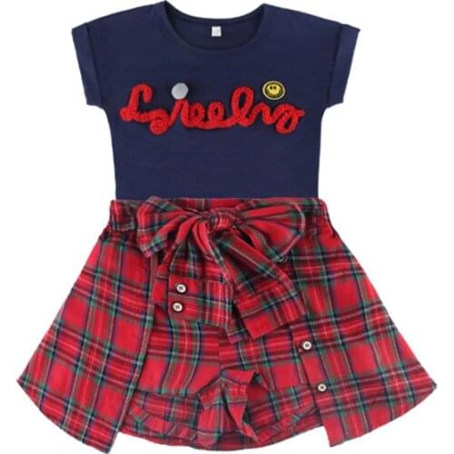 Summer Girls Clothing Set Child Clothes Summer Girls Boutique Outfits T-shirt + Plaid Skirt 2 to 15 Years