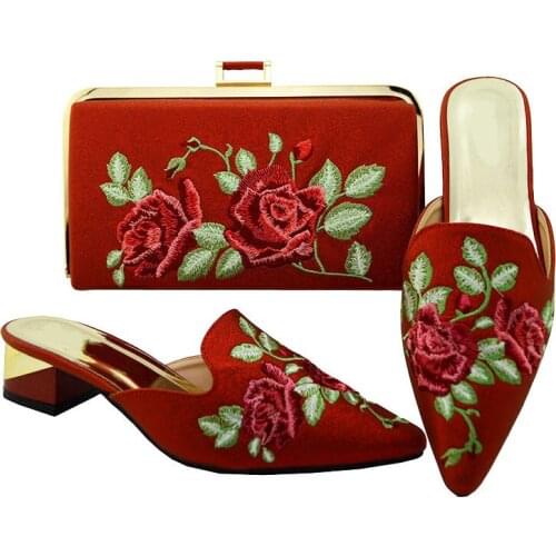 Hot sale red color low heel 3.8CM ladies shoes woth flower embroidery african shoes match handbag set for dress MM6003