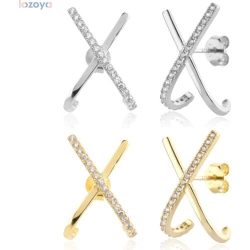 LOZOYA 925 Sterling Silver 2021 Gold Cross Zircon Stud Earring Piercing Pendiente Clips luxury Jewelry Great Crystal Jewels