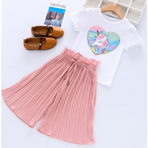 Menoea Toddler Girls Clothing Sets 2021 Summer Unicorn Sequins Chiffon Pants Outfit Kids Tracksuit Suit Children Clothes