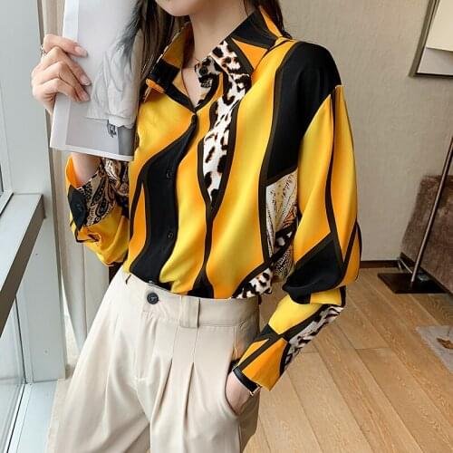 2021 Autumn New Contrast Printed Leopard Chiffon Blouse Women Dress Shirts Office Lady Straight Yellow Green Clothes