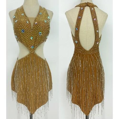 New Latin Dance Dress Sexy Hollow Out Sparkly Rhinestone Tube Tassels Prom Stage Costume Women Latin Performance Wear BL5388