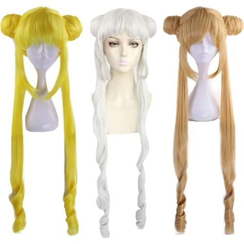 Tsukino Usagi Ponytails Wig With Buns Cosplay Costume Heat Resistant Synthetic Hair Women Long Wigs