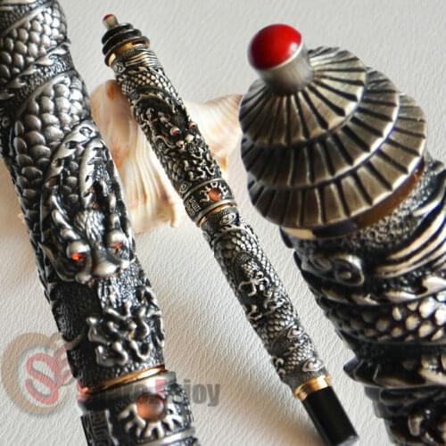 FOUNTAIN PEN M NIB JINHAO OLD GREY TWO DRAGON PLAY PEARL PAGODA