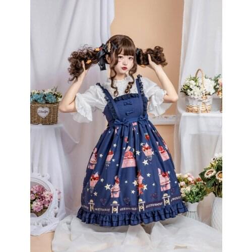 New Straberry Dessert JSK Gothic Lolita Maid Court Dress Sweet Cute Printing Bowknot Height Waist Dress Lolita Cos costume